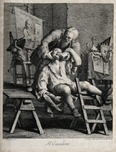 V0012020 A flamboyant travelling dentist extracting a tooth from an a Credit: Wellcome Library, London. Wellcome Images images@wellcome.ac.uk http://wellcomeimages.org A flamboyant travelling dentist extracting a tooth from an anxious patient. Engraving by G. Volpato after F. Maggiotto. By: Francesco Maggiottoafter: Giovanni VolpatoPublished:  -  Copyrighted work available under Creative Commons Attribution only licence CC BY 4.0 http://creativecommons.org/licenses/by/4.0/